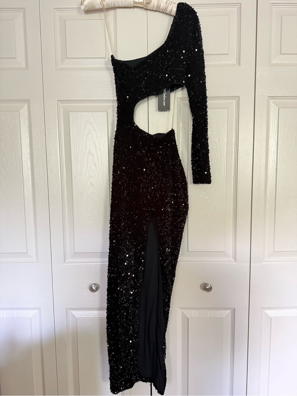 Asymmetric One-Shoulder Black Sequin Cutout Dress